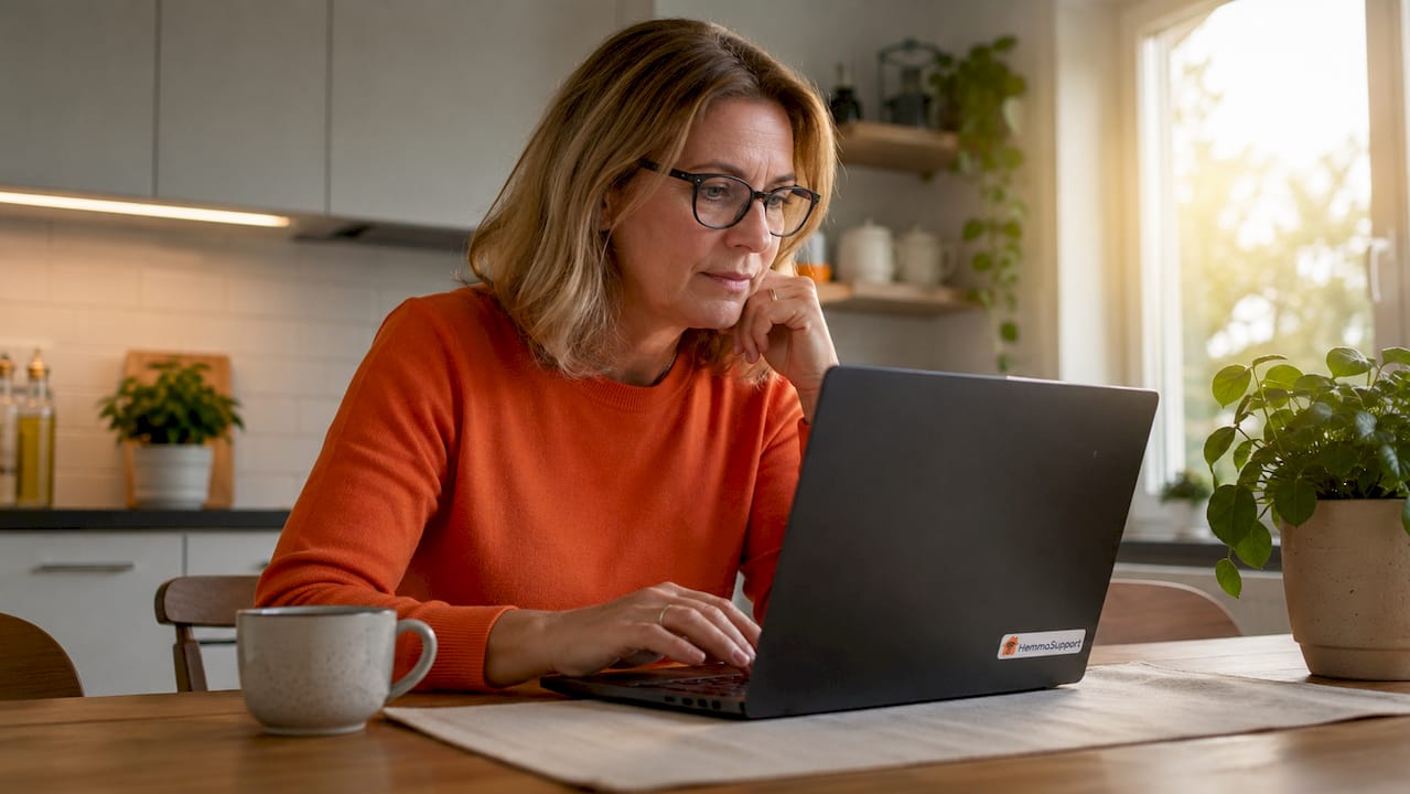 En kvinna sitter hemma och försöker lösa datorproblem med hjälp av Windows inbyggda felsökare.