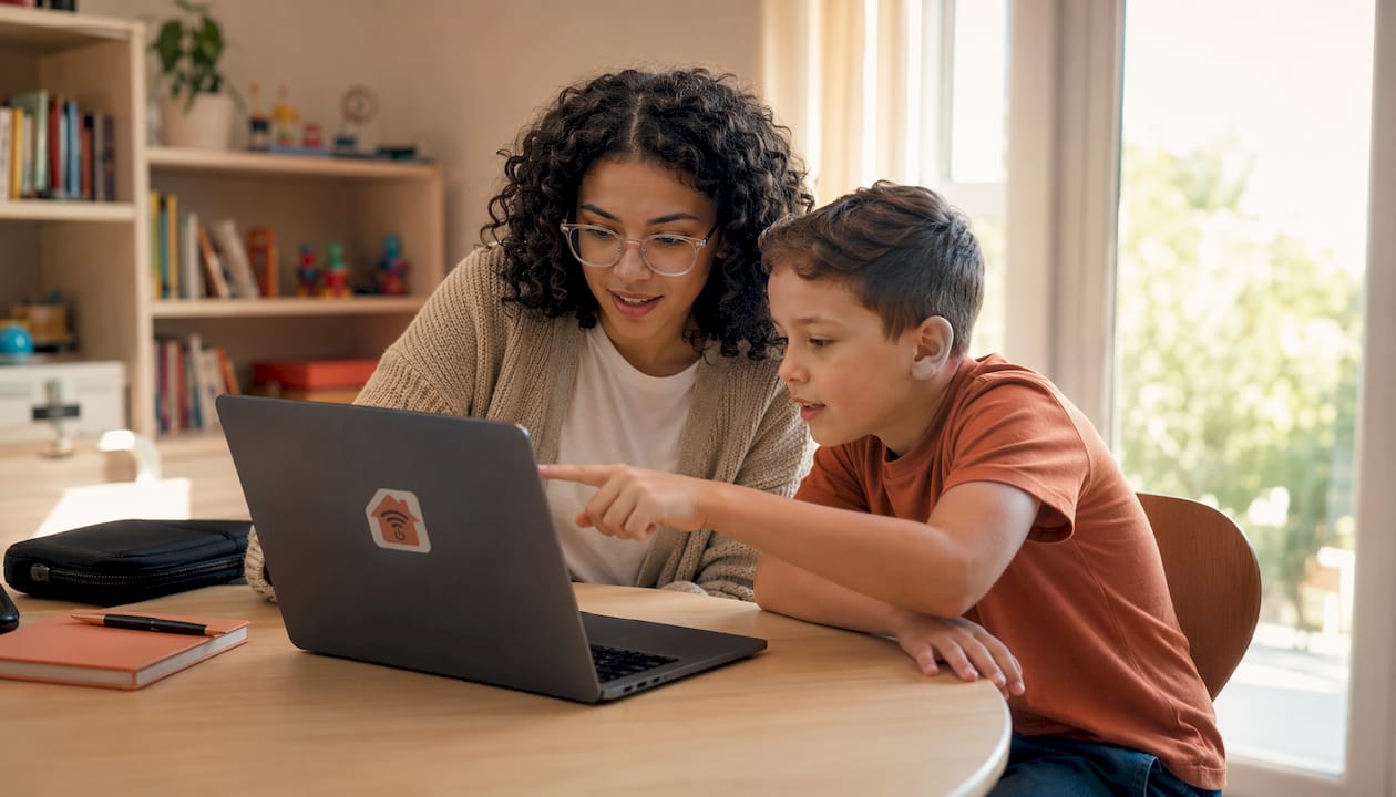 En tekniker hjälper en familj att få ordning på deras laptop.