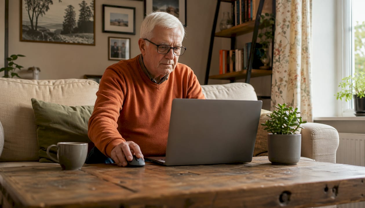 Äldre man ser över och uppdaterar säkerhetsinställningarna på sin dator