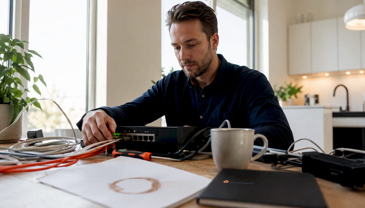 En IT-tekniker arbetar vid sitt skrivbord med att säkra nätverket.