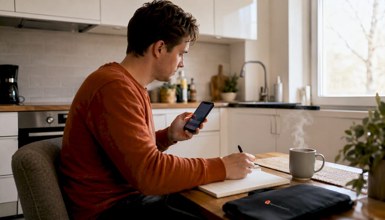En man kollar wifi-signalen med en app på mobilen.