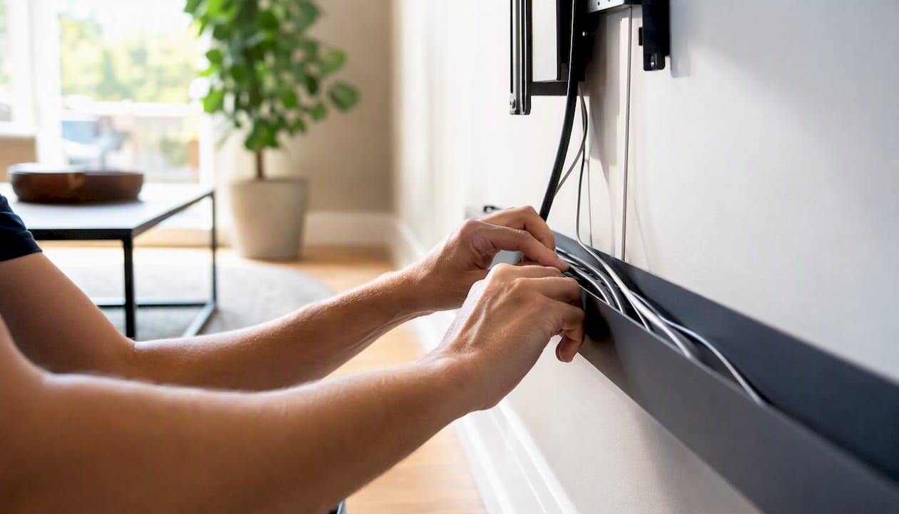 Ett par händer fixar och sorterar TV-sladdar i en kabelkanal.