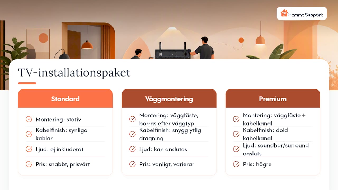 Översikt: jämförelse av våra tv-installationspaket – Standard, Väggmontering och Premium