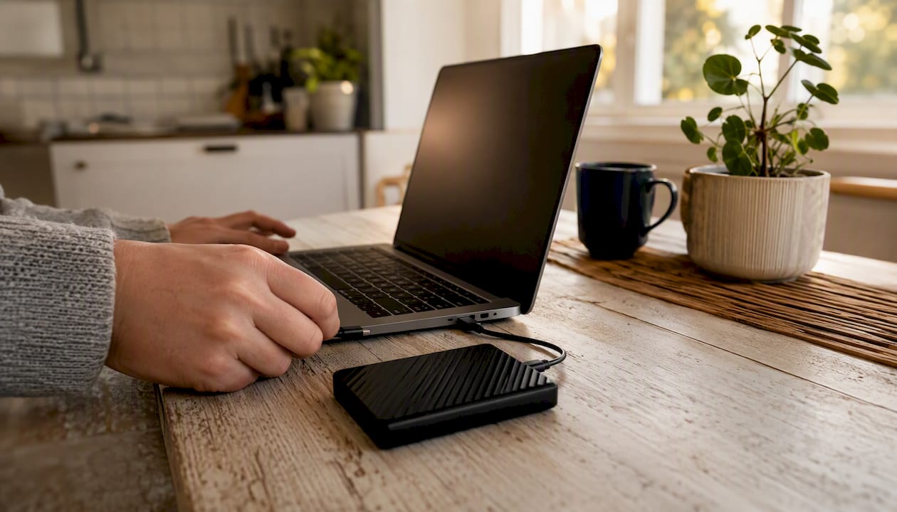 Ett par händer kopplar in en extern hårddisk till en laptop.