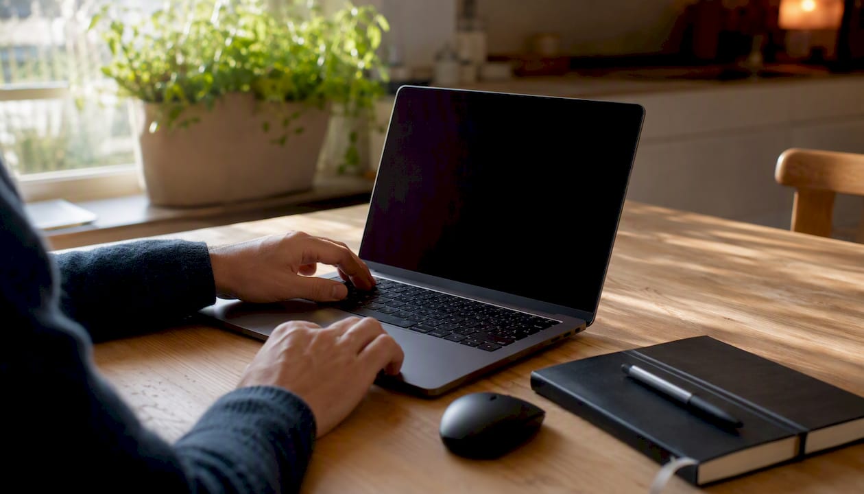 Händerna vilar på tangentbordet och styrplattan till en MacBook