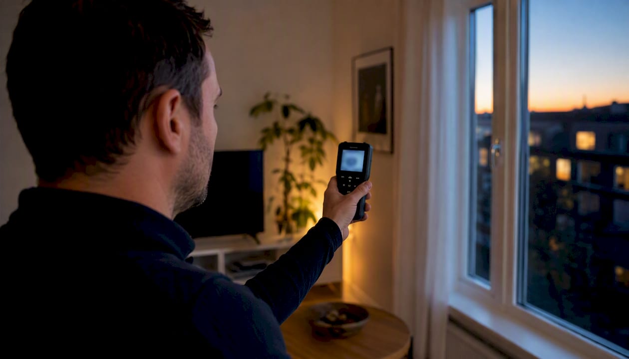 En tekniker står i korridoren och mäter styrkan på wifi-signalen.