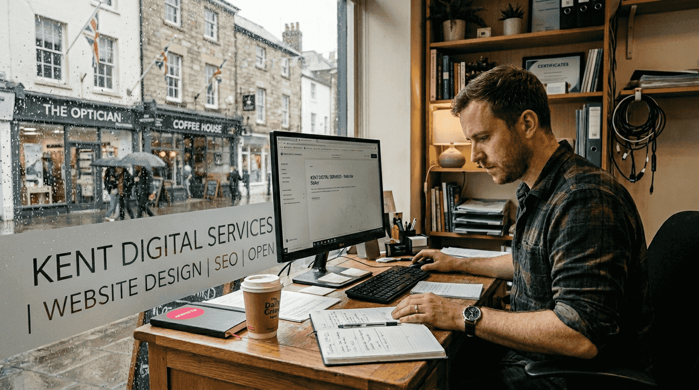 Kent business owner updating website in office