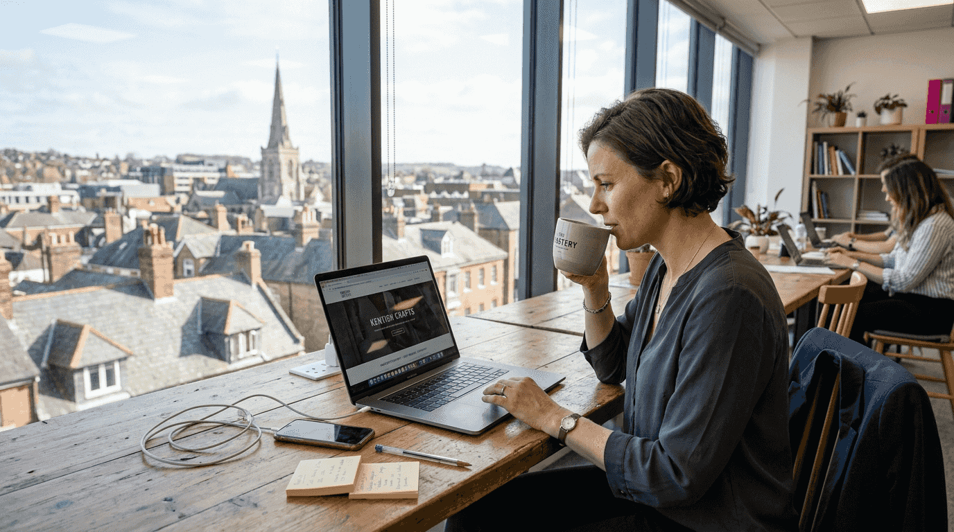 Business owner reviews website in city office