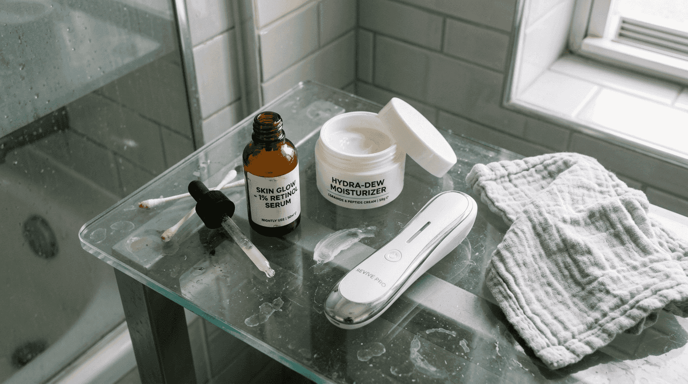 Skincare products arranged for daily routine