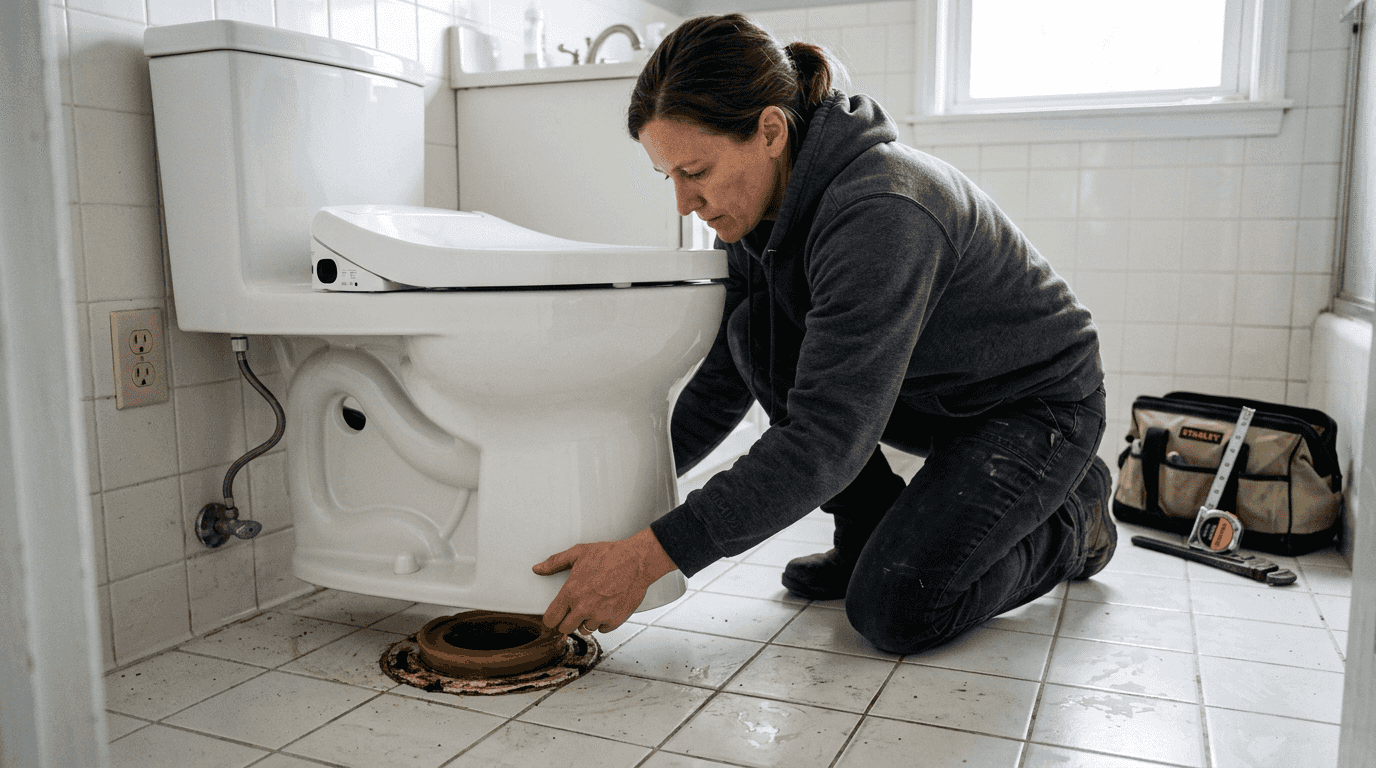 Lowering smart toilet onto wax ring with care