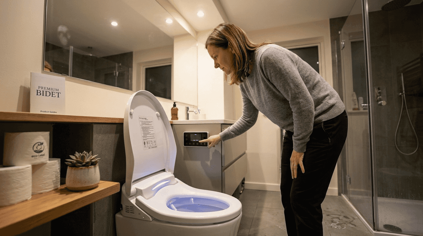 Person using smart toilet control panel in en suite
