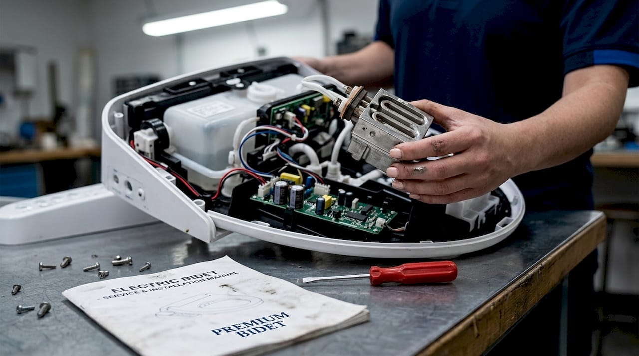 Electric bidet seat open showing heater parts