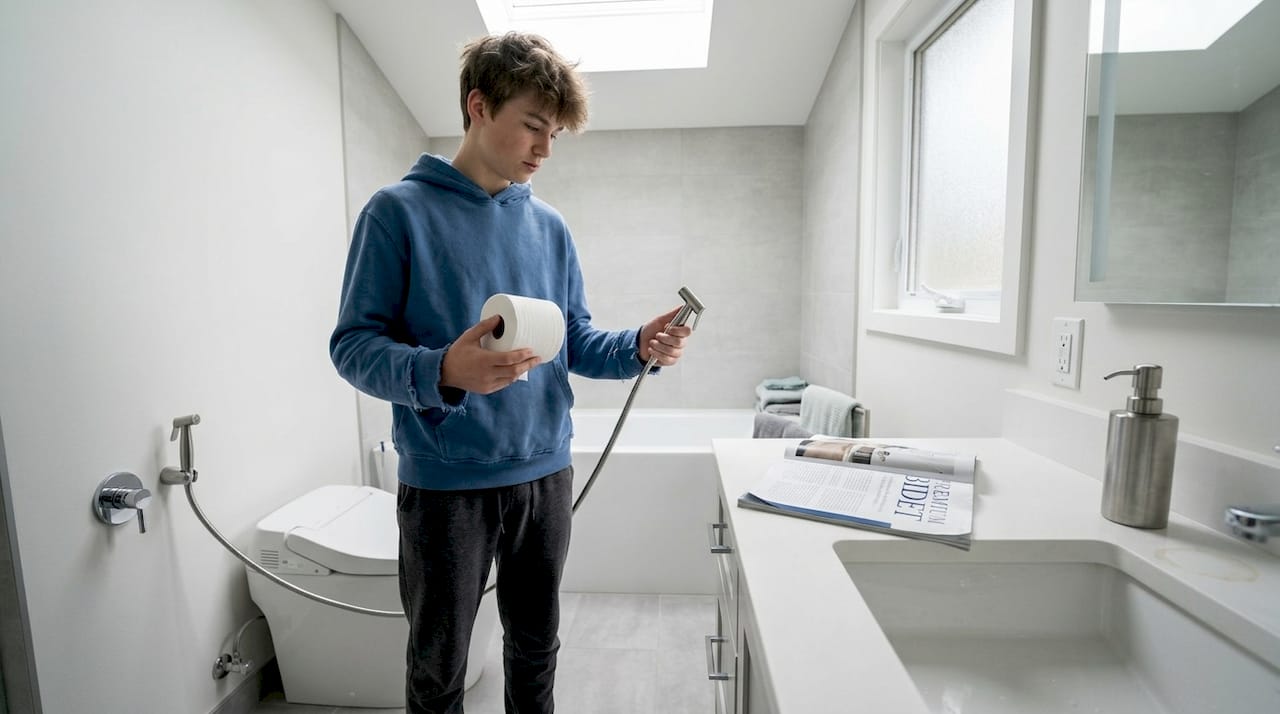 Teen comparing bidet to toilet paper in bathroom
