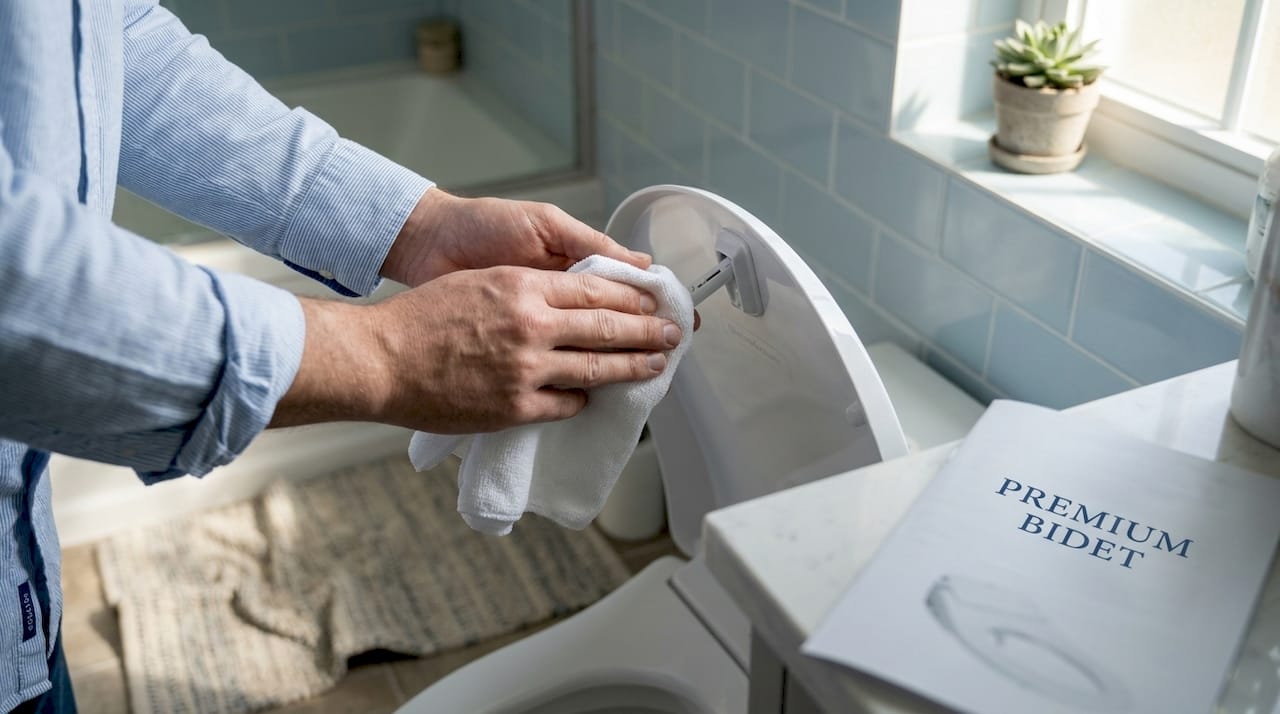 Hands cleaning bidet nozzle with soft cloth