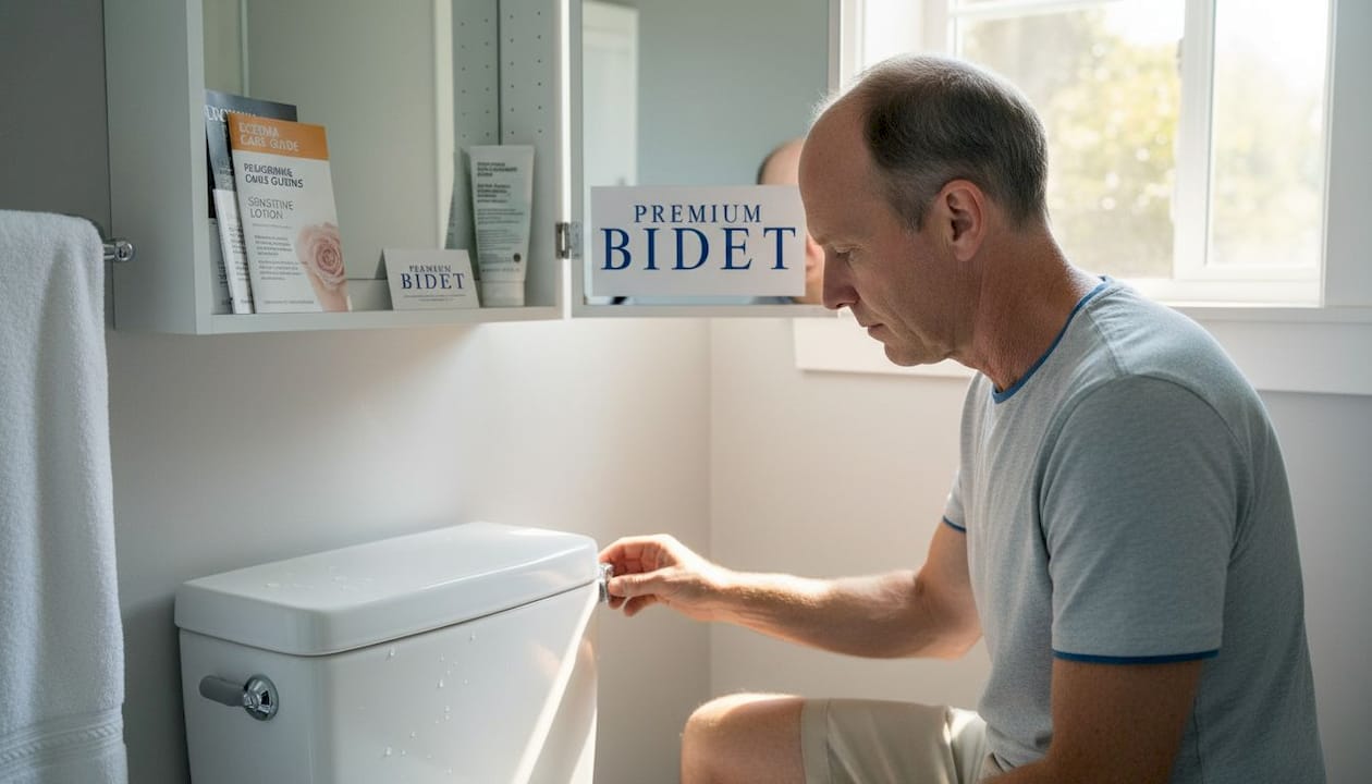Man adjusting bidet for sensitive skin comfort