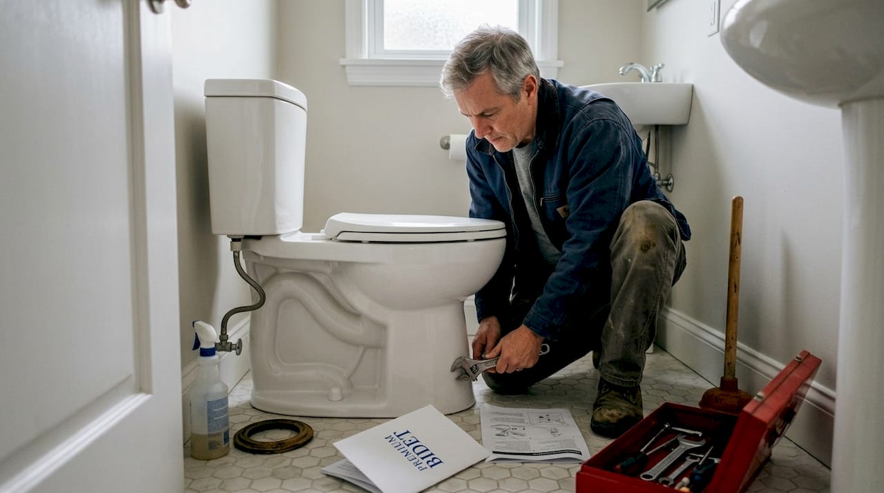 Man installs high-efficiency toilet in small bathroom