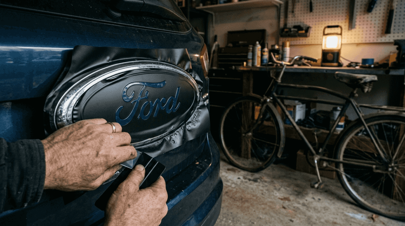 Stretching vinyl overlay over curved Ford badge