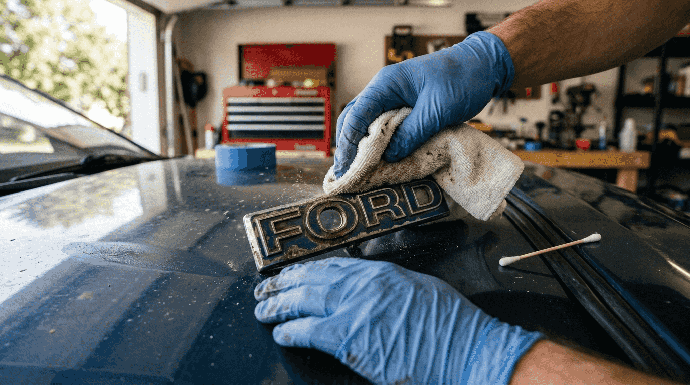 Hands wiping emblem with alcohol cloth