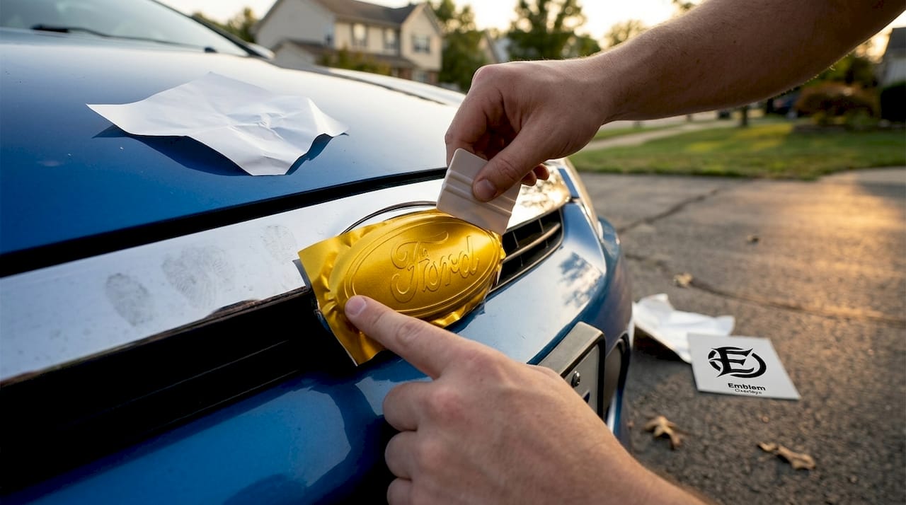 Hands applying vinyl overlay to Ford badge