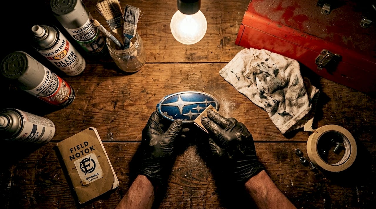 Hands sanding Subaru emblem for DIY painting