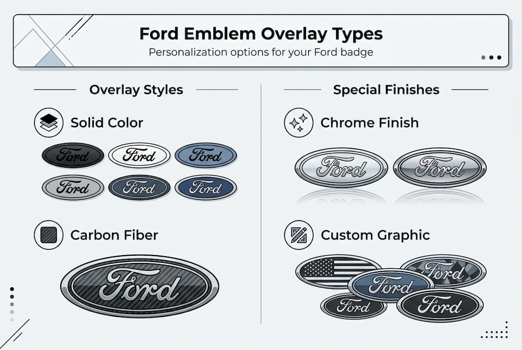 Infographic shows Ford emblem overlay styles and finishes