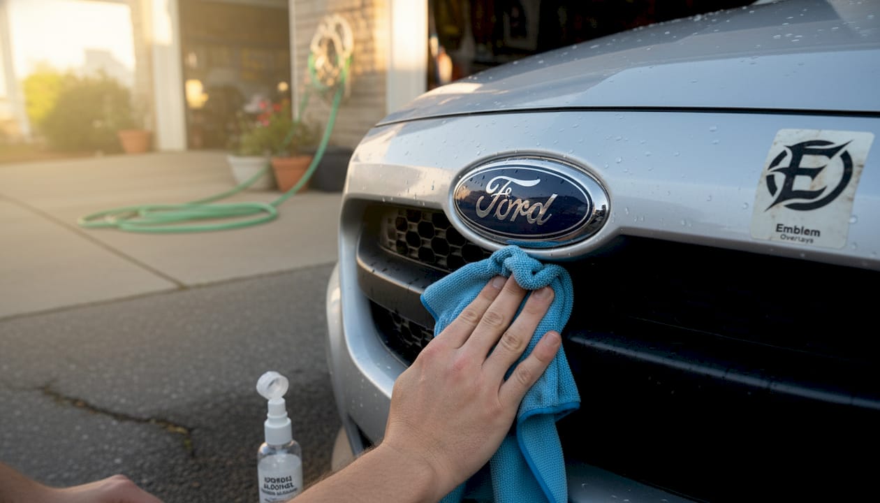 Hands cleaning car emblem with cloth
