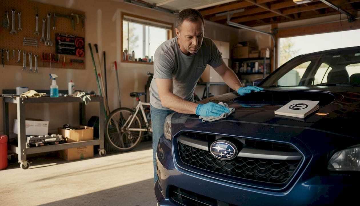 Technician cleaning Subaru emblem before overlay