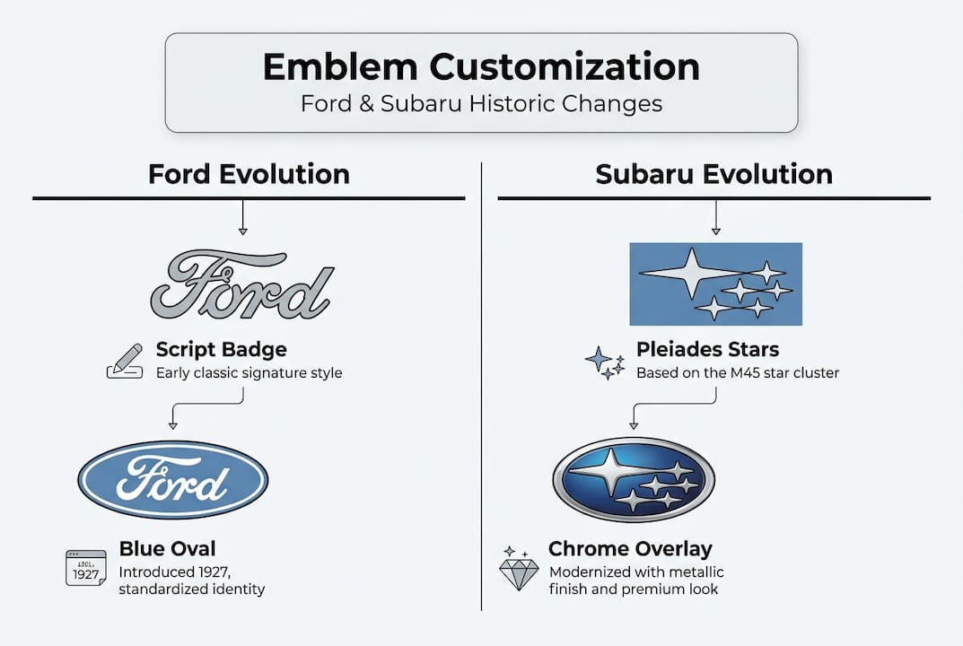 Infographic showing Ford and Subaru emblem history