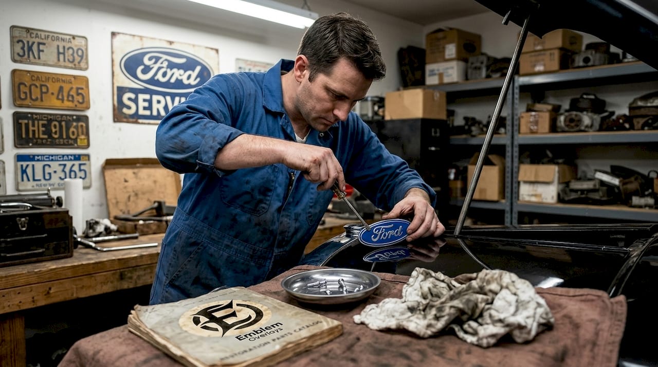Technician installing blue Ford emblem on classic car