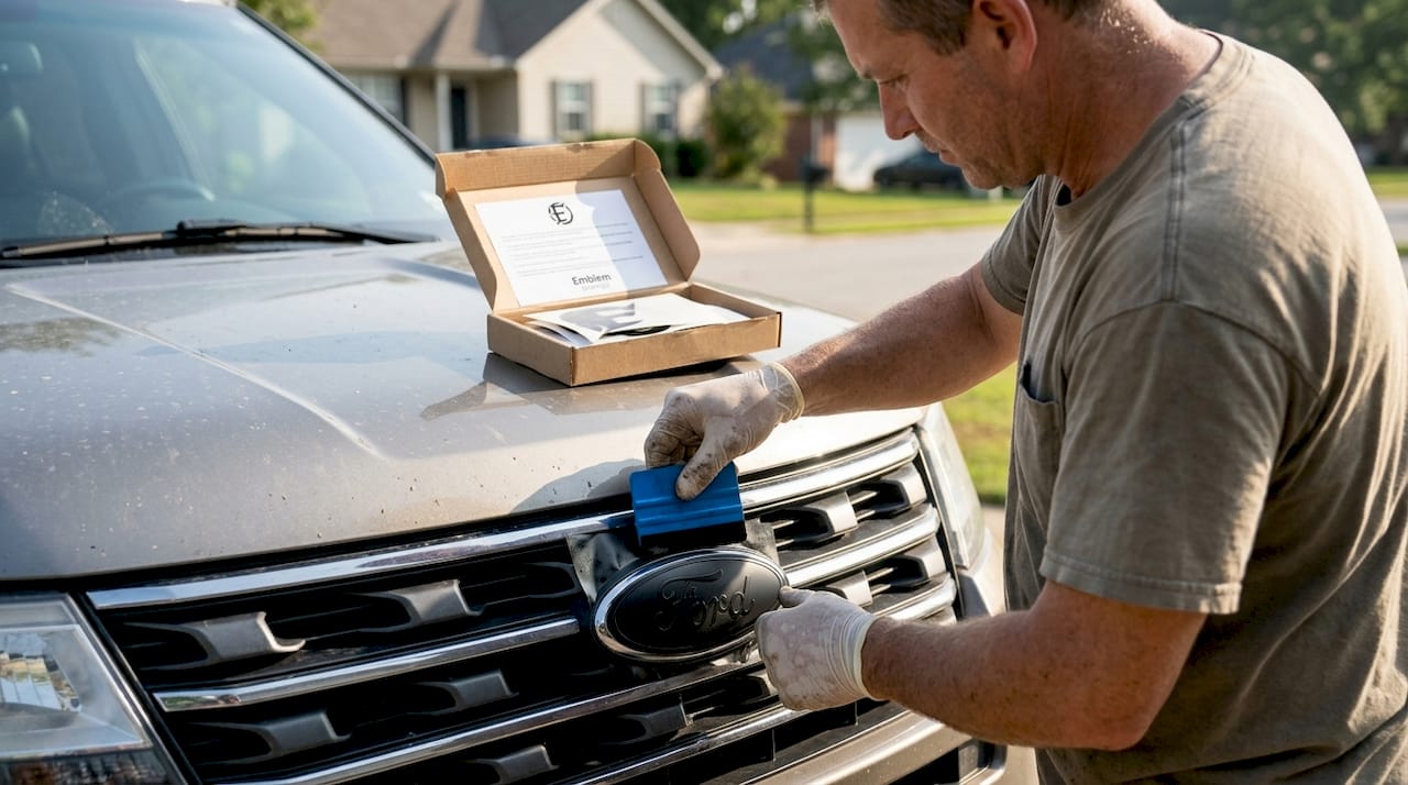 Applying matte black Ford emblem overlay