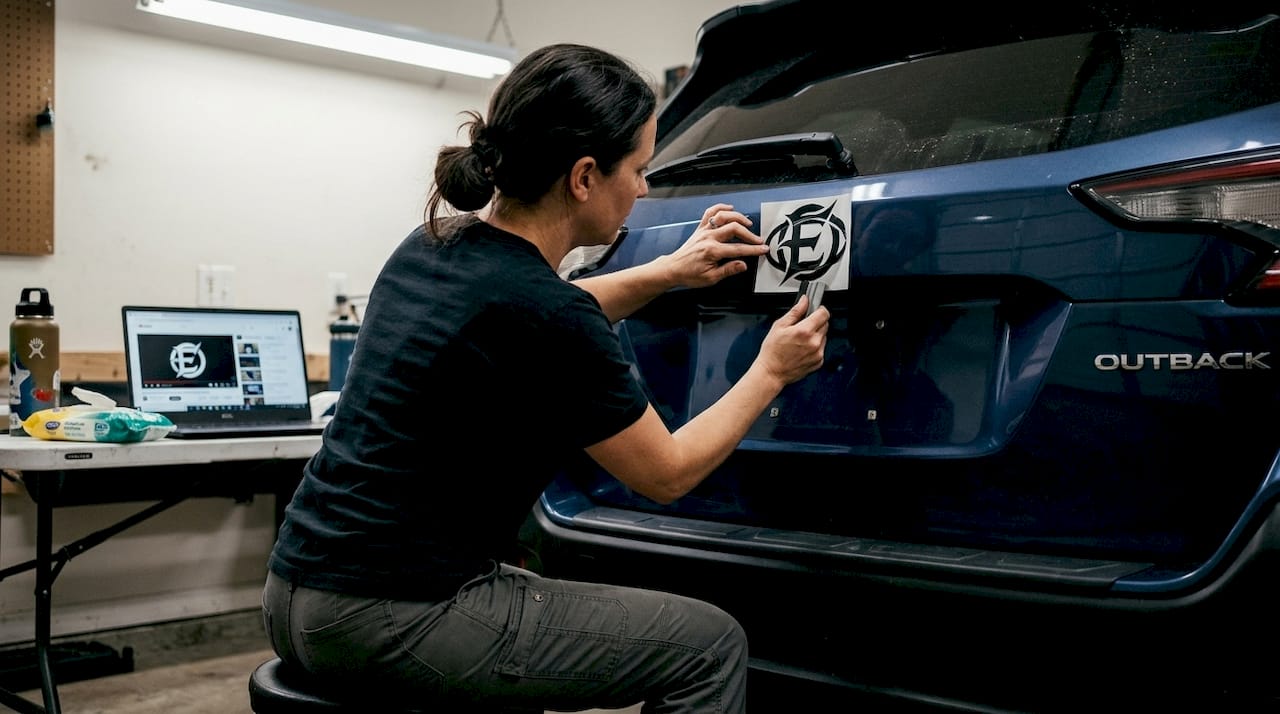 Woman applying vinyl overlay to car emblem