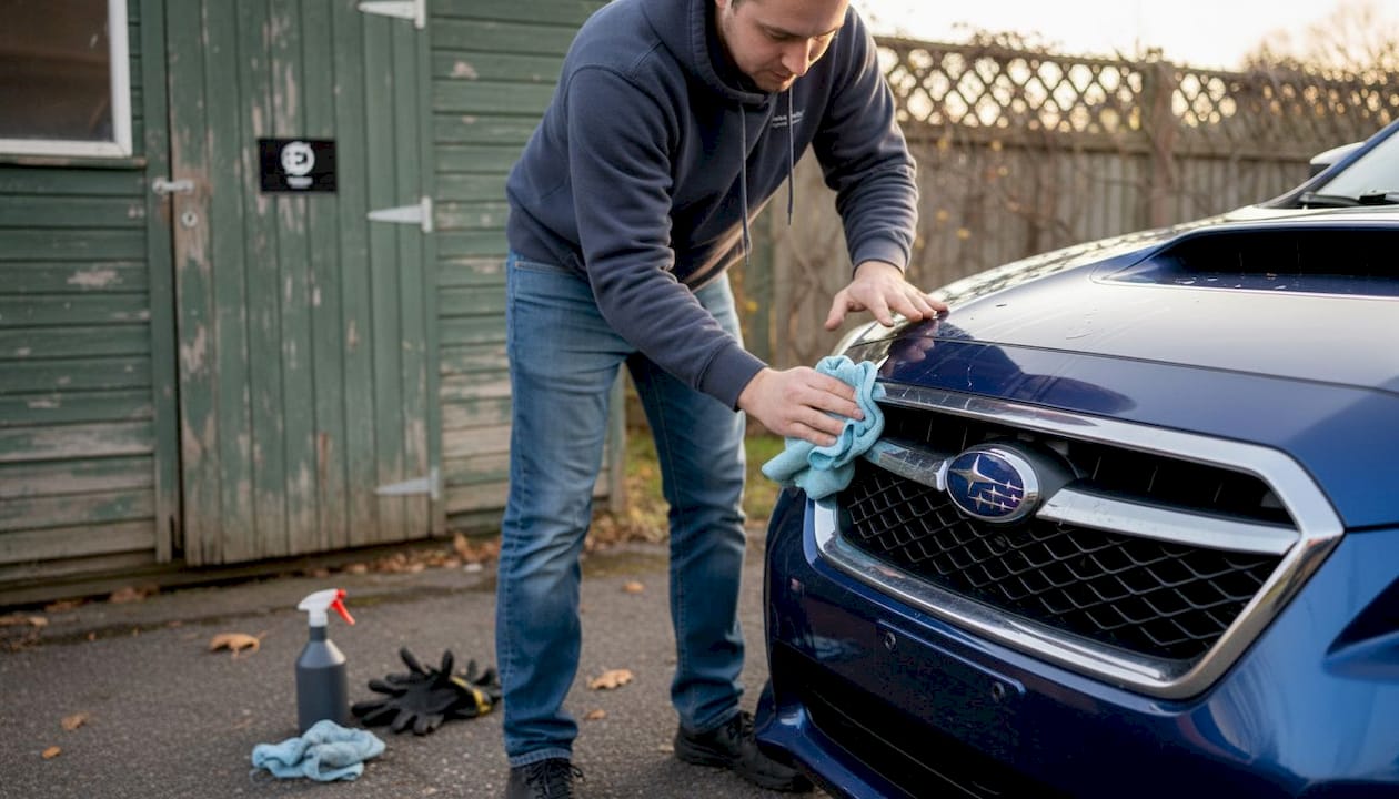 Close-up cleaning Subaru car emblem