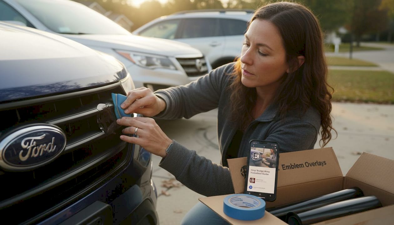 Smoothing premium vinyl onto Ford badge