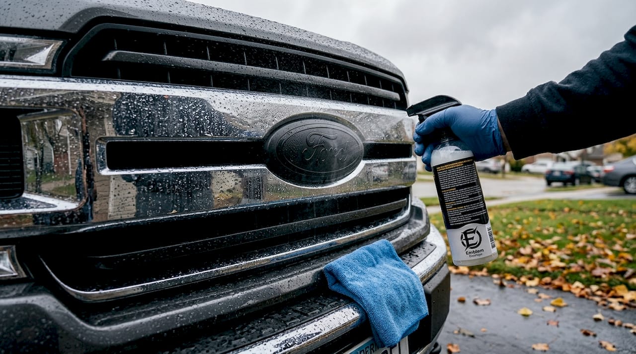 Weatherproofing spray applied to Ford emblem overlay