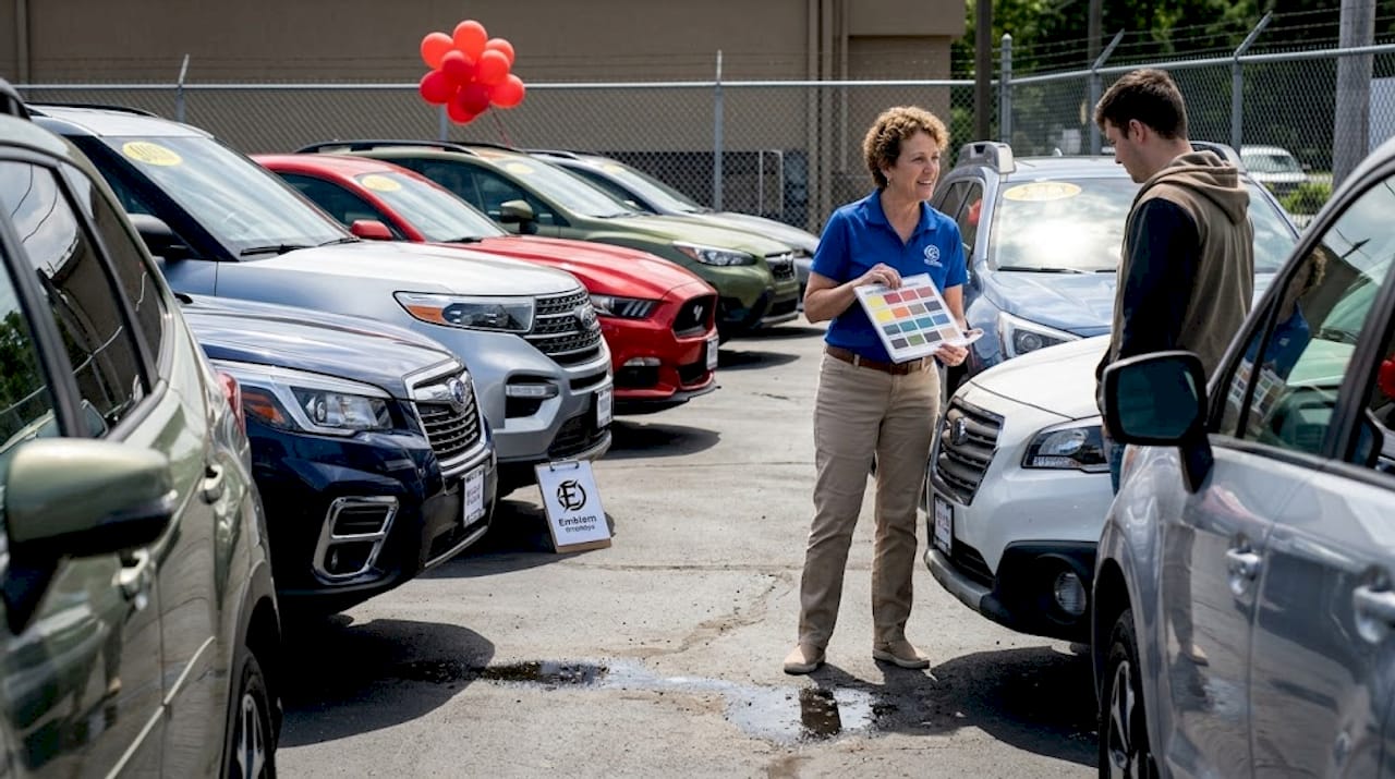 Salesperson showing color chart at dealership
