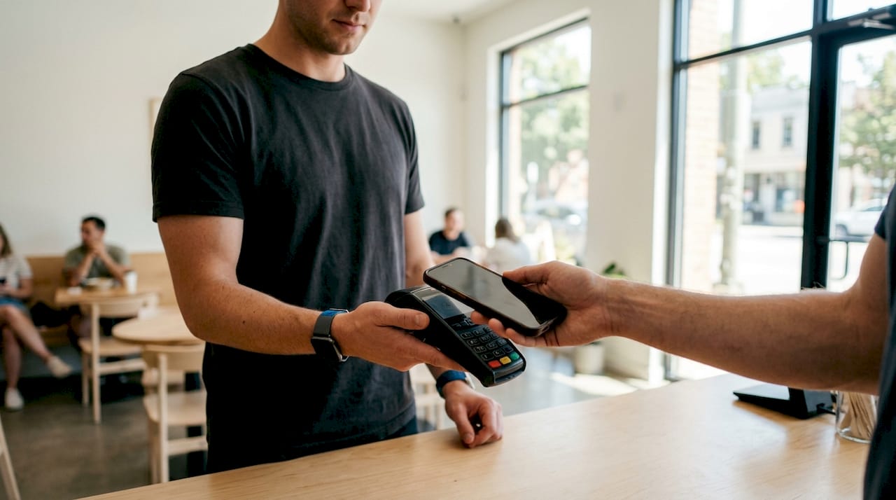 Mit dem iPhone am NFC-Terminal bezahlen – Hände halten das Gerät über das Lesegerät.