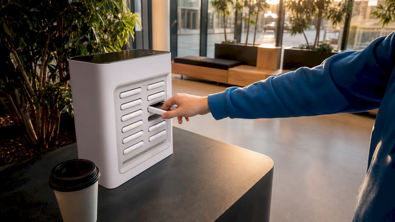 Eine Hand gibt eine Powerbank an einer Rückgabestation drinnen zurück.