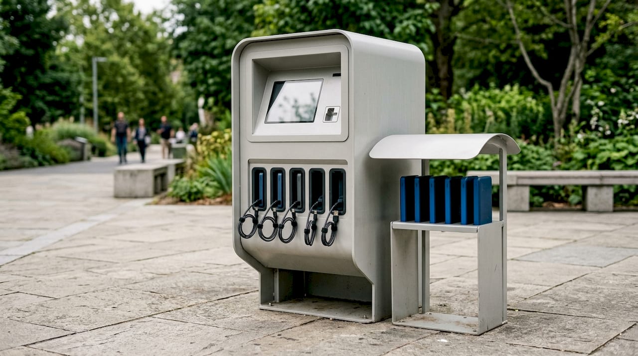 Powerbank-Leihstation inklusive POS-Terminal von nah betrachtet