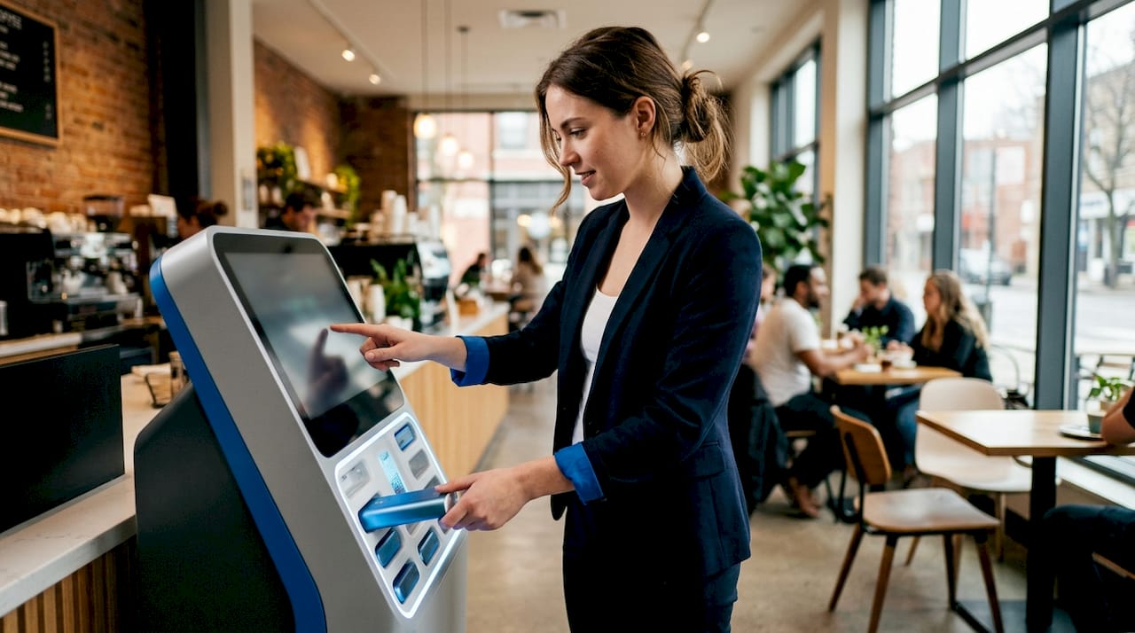 Zu sehen sind Hände, die am Automaten eine Powerbank auswählen.