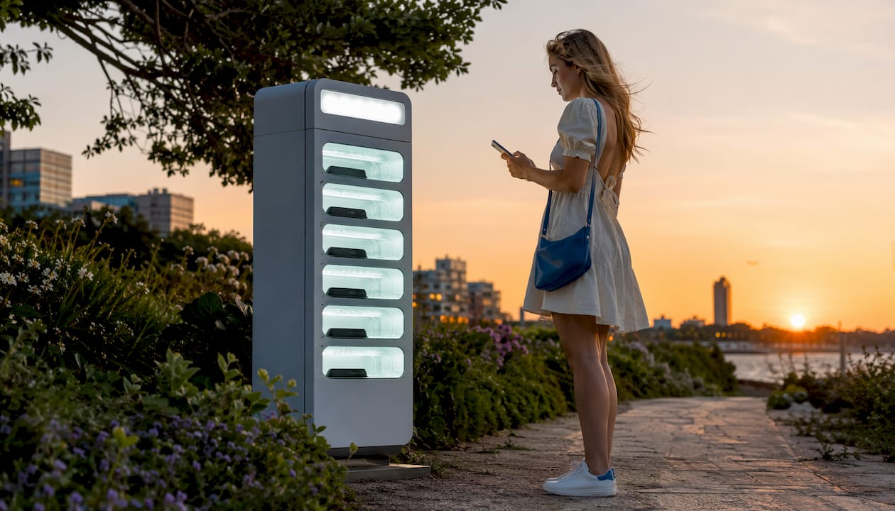 Ein Kunde nutzt eine automatisierte Station zur Ausleihe von Powerbanks.