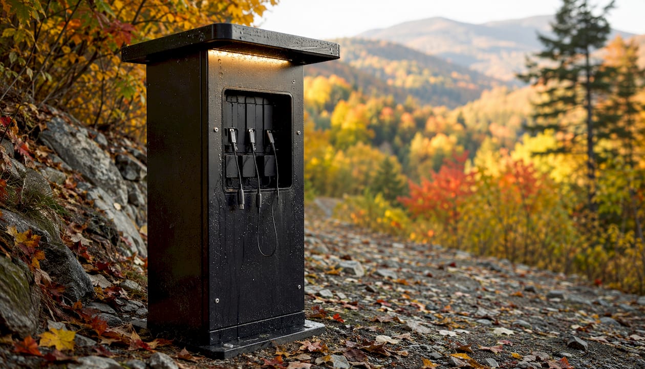 Outdoor-Ladestation mit widerstandsfähiger, wetterfester Powerbank – ideal für den Einsatz unter freiem Himmel.