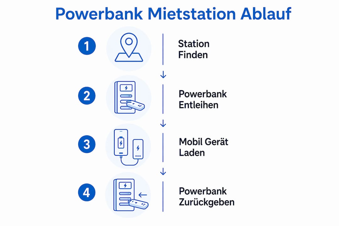 So funktioniert die Powerbank-Ausleihe entlang des Wanderwegs – Schritt für Schritt erklärt in einer Infografik