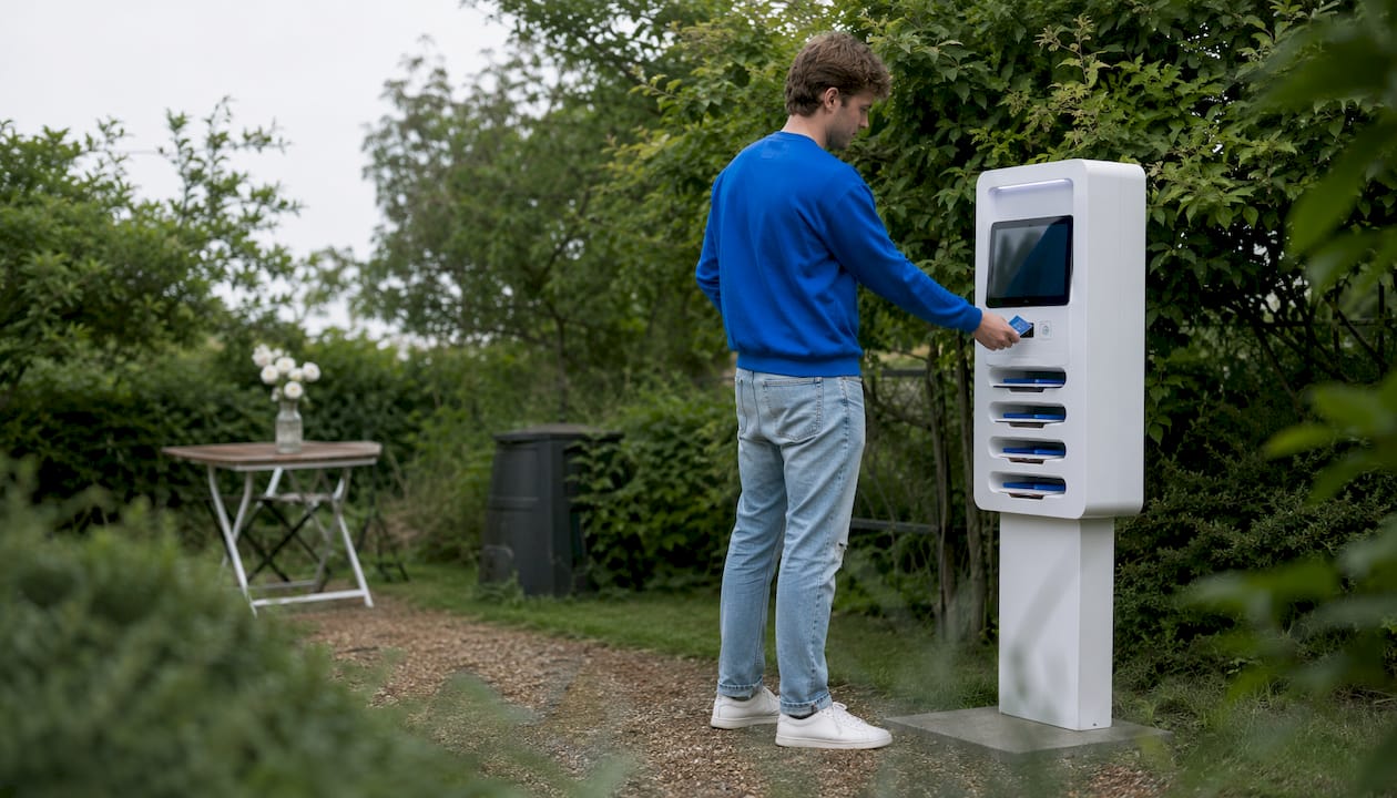 Mit der Hand wird eine kontaktlose Zahlung an einer Powerbank-Station durchgeführt.