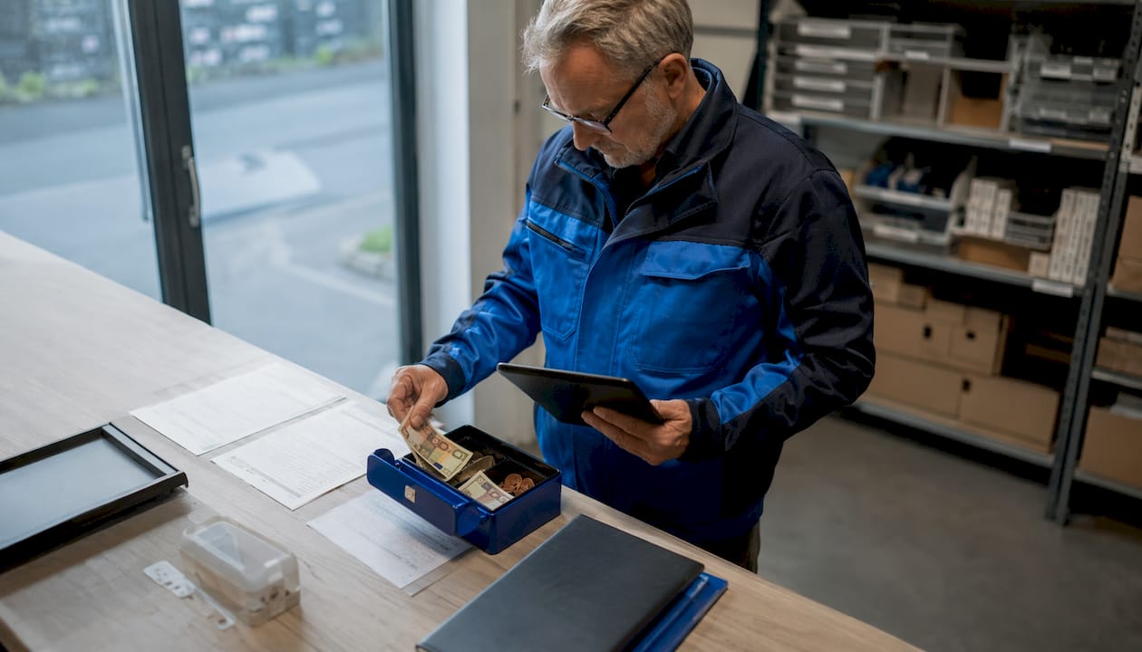 Ein Servicetechniker übernimmt die Kassenverwaltung in der Vermietstation.