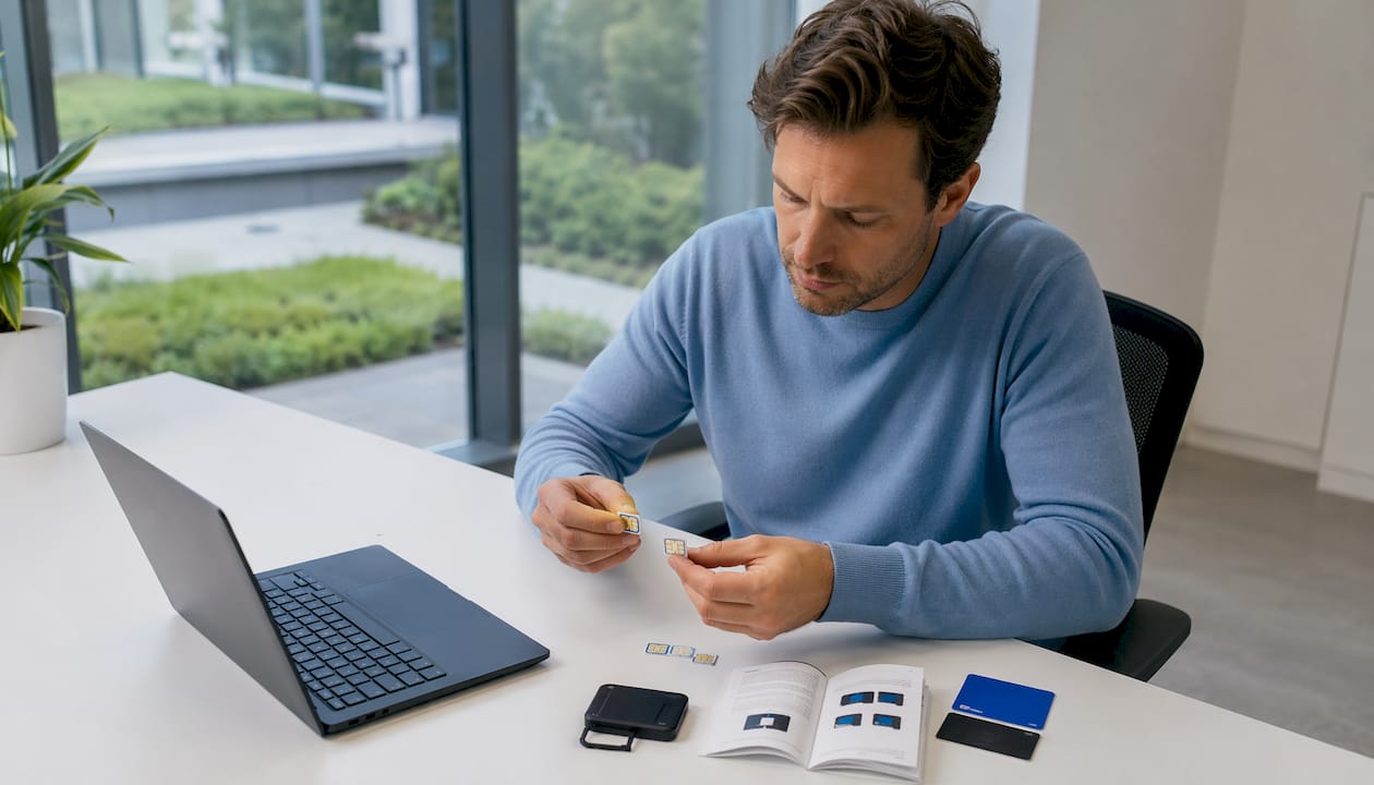 Im Technikraum werden SIM-Karten von Hand geprüft und kontrolliert.