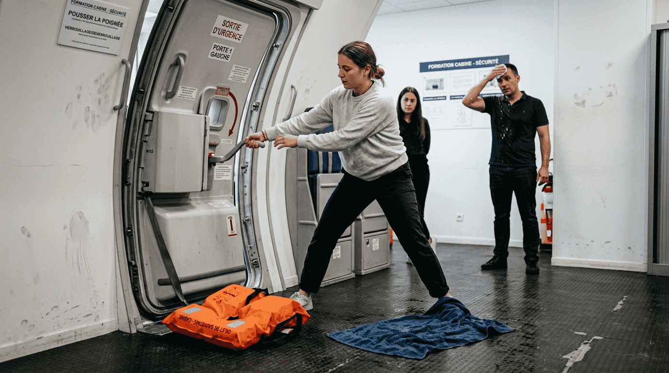 Un stagiaire en pleine formation ouvre la porte de la cabine lors d’un exercice sur le simulateur CCA.