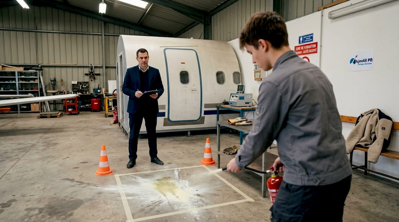 Un stagiaire s’entraîne à manipuler un extincteur lors d’un exercice pratique.
