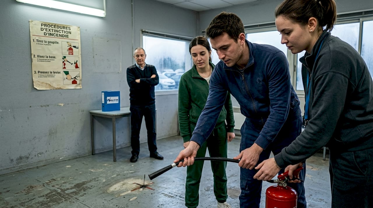 Les stagiaires s’initient à l’utilisation des équipements de sécurité en cabine.