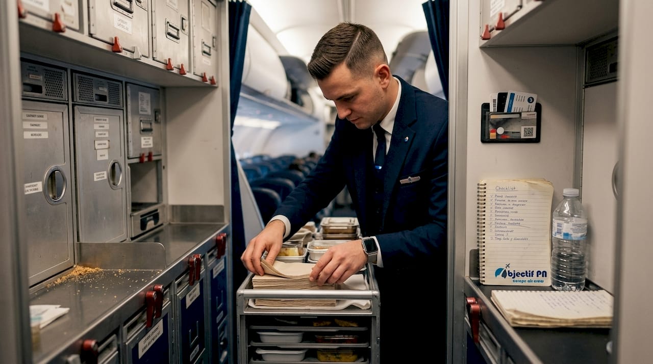 Un steward s’affaire à préparer les chariots de service avant le décollage.