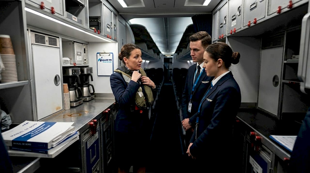 Un steward forme l’équipage aux consignes de sécurité.